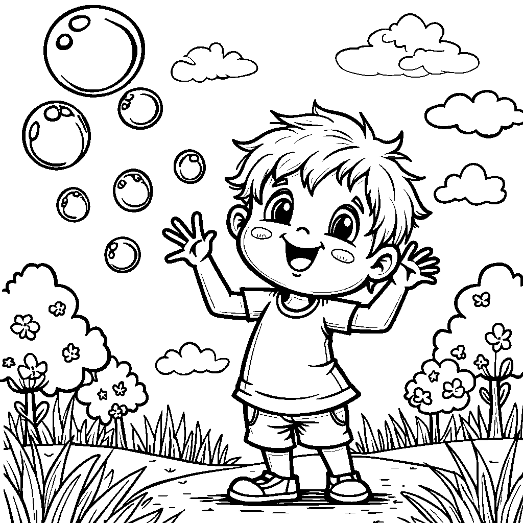 A happy child blowing bubbles in the park