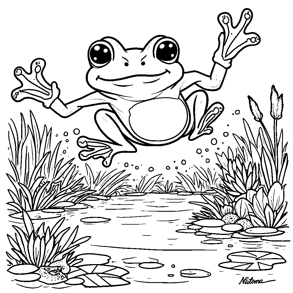 Happy frog jumping in the pond