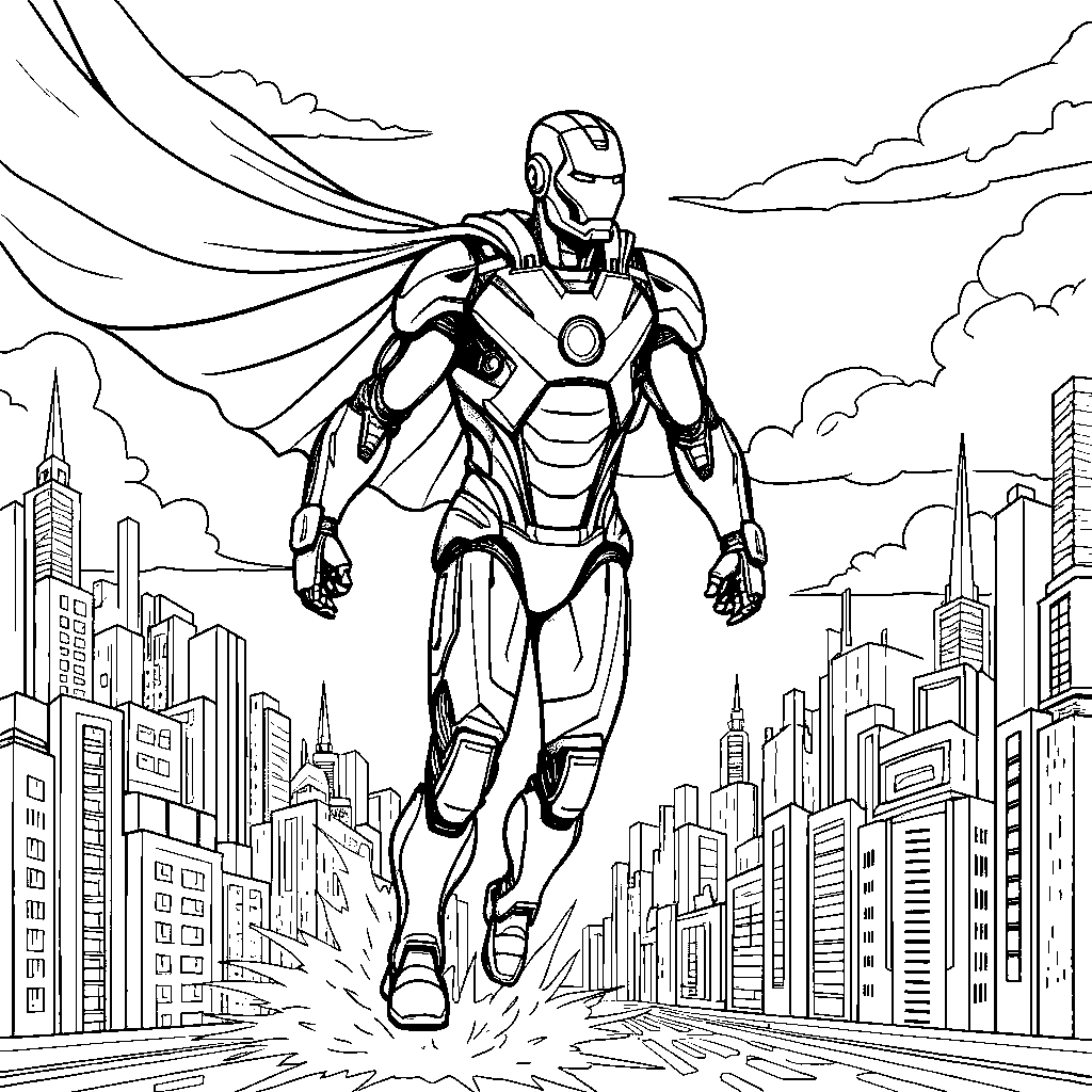 Iron Man soaring above a futuristic metropolis