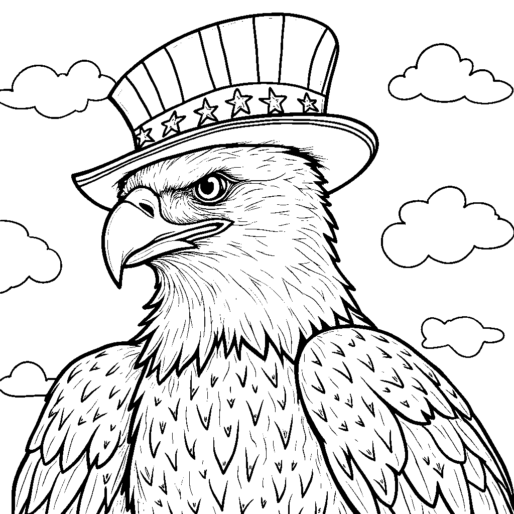 A bald eagle wearing a patriotic hat