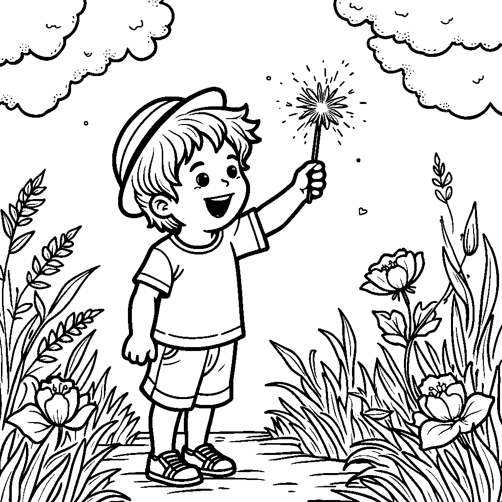 A child holding a sparkler on a warm summer evening