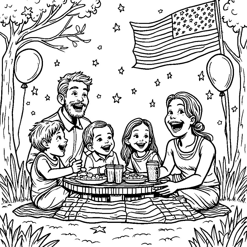 A family picnic in a park on Independence Day