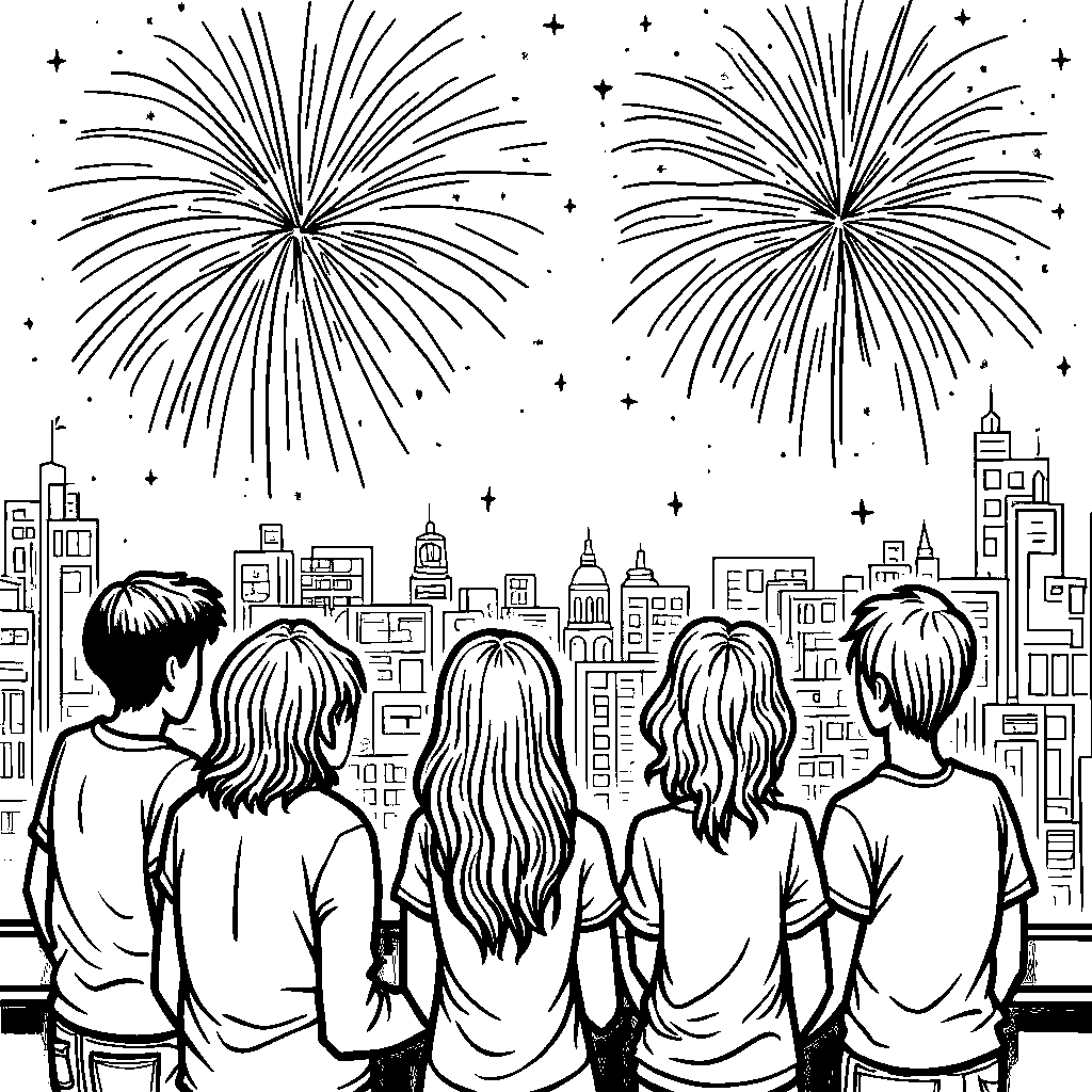 A group of friends watching fireworks from a rooftop