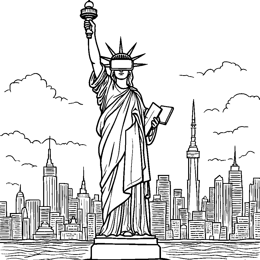 The Statue of Liberty wearing a VR headset and holding a tablet