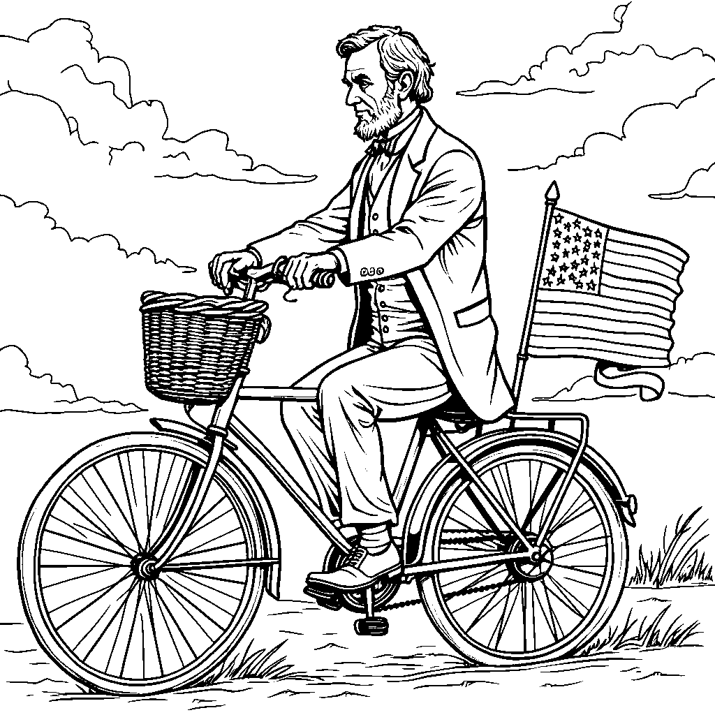 A historic American figure riding a patriotic bicycle