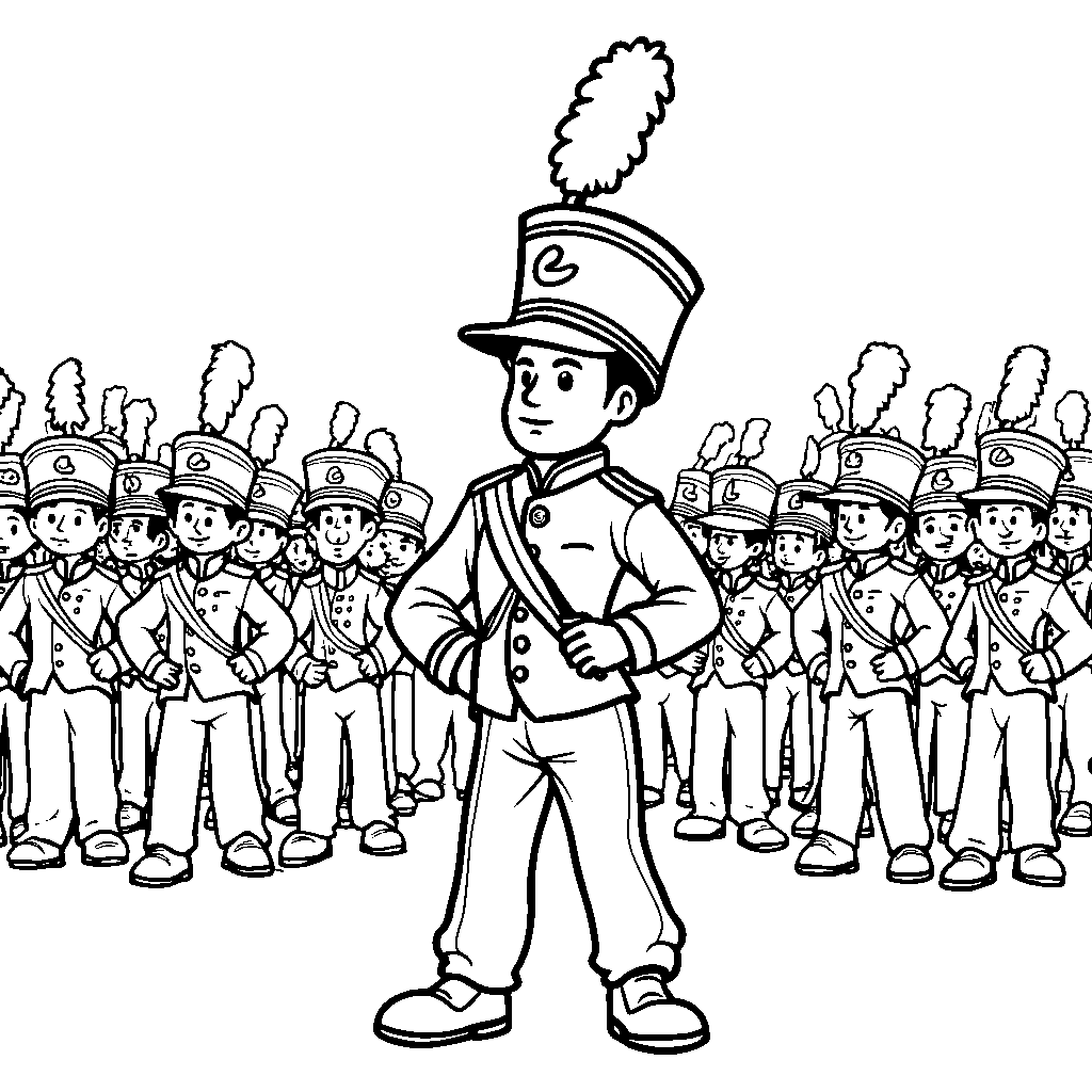 A marching band drum major with a fancy hat