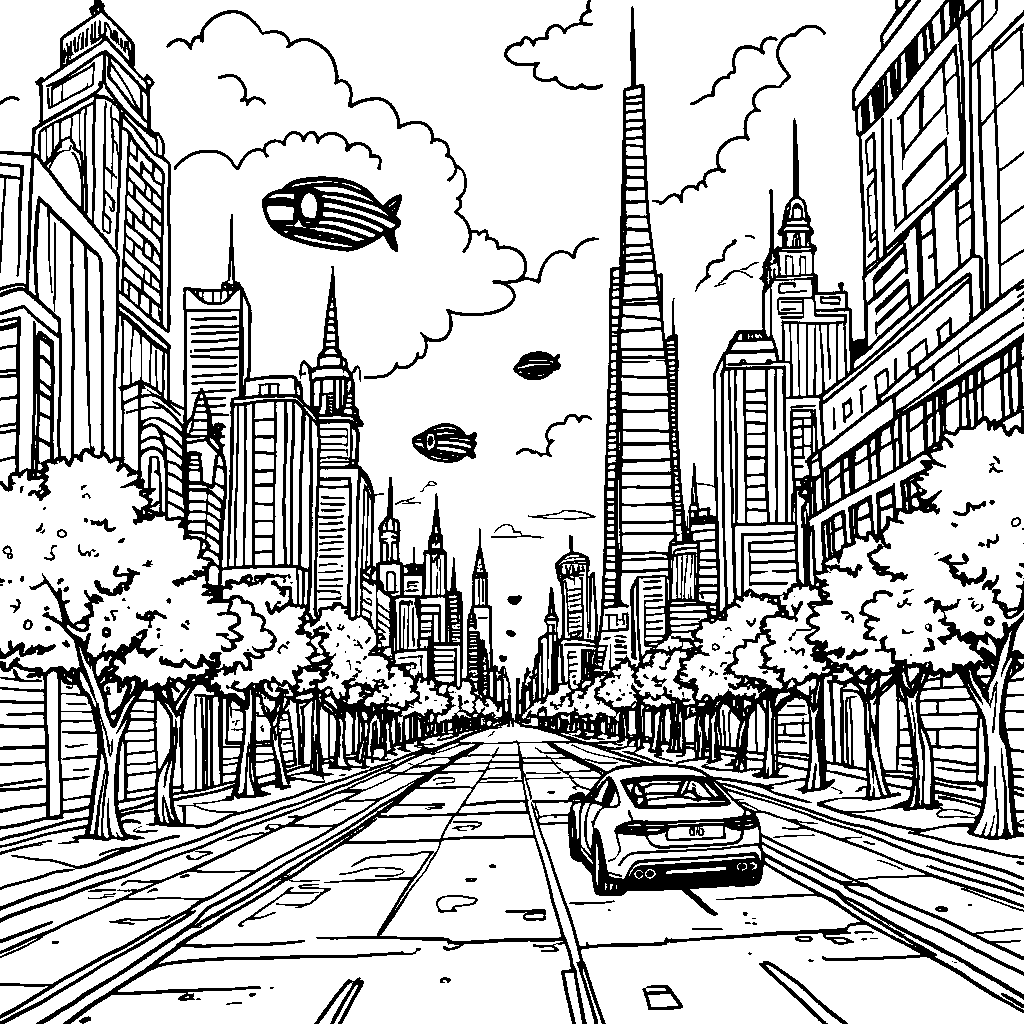 A futuristic city with robots and flying cars