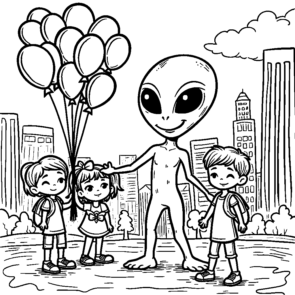 A happy alien visiting Earth from outer space