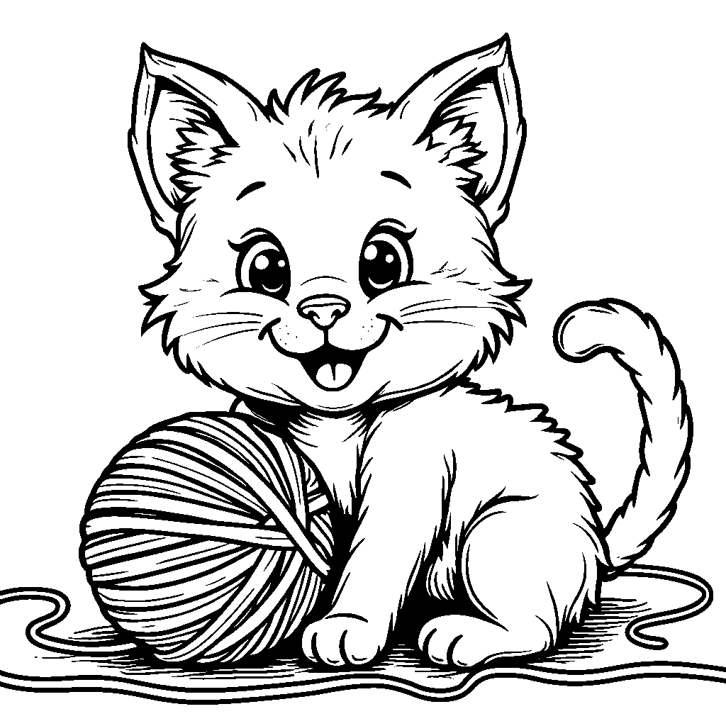 A happy cat playing with a ball of yarn