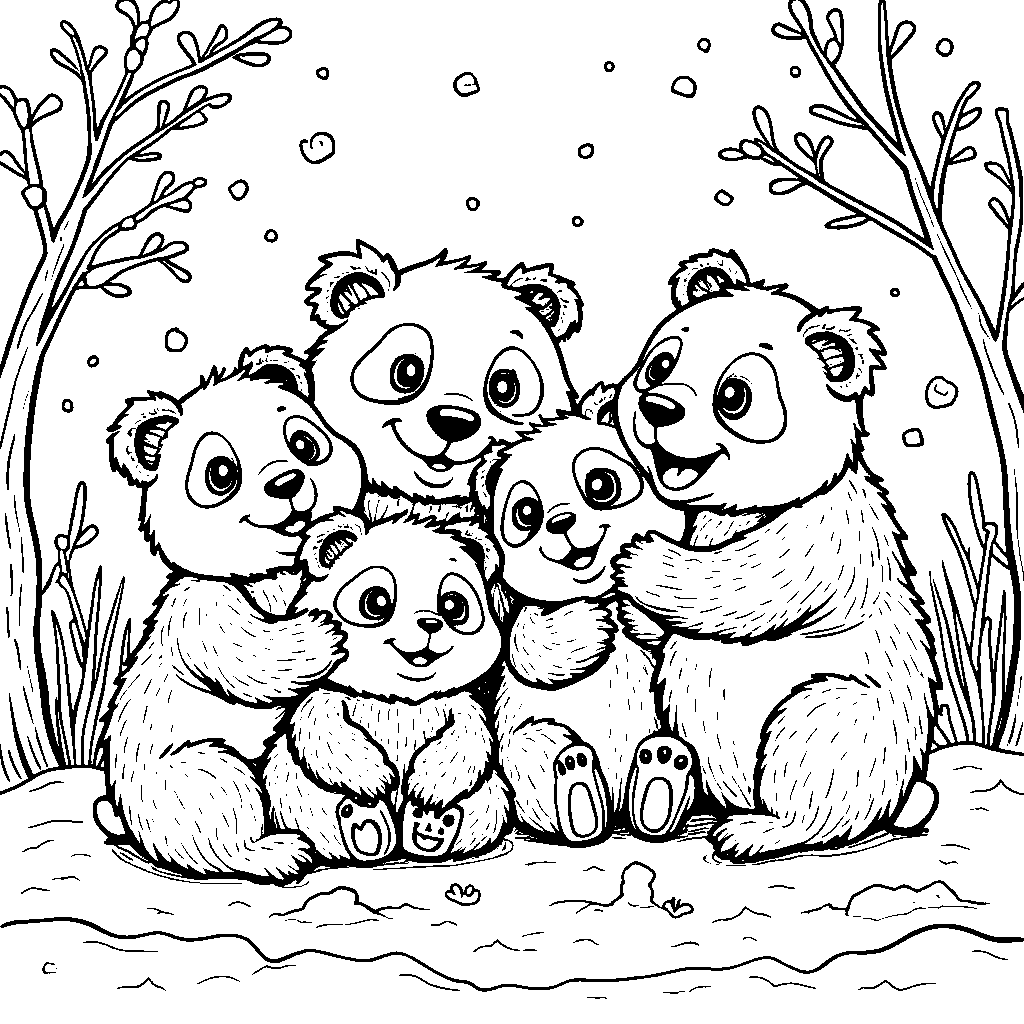 A happy family of pandas playing in the snow