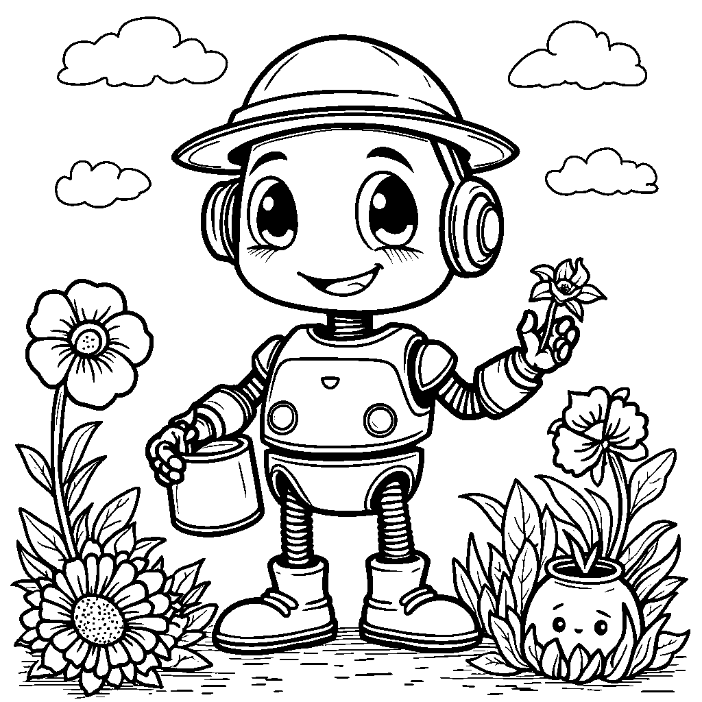 A happy robot helping out in a garden