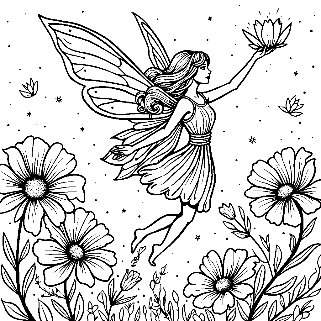 A magical fairy flying through a garden of flowers