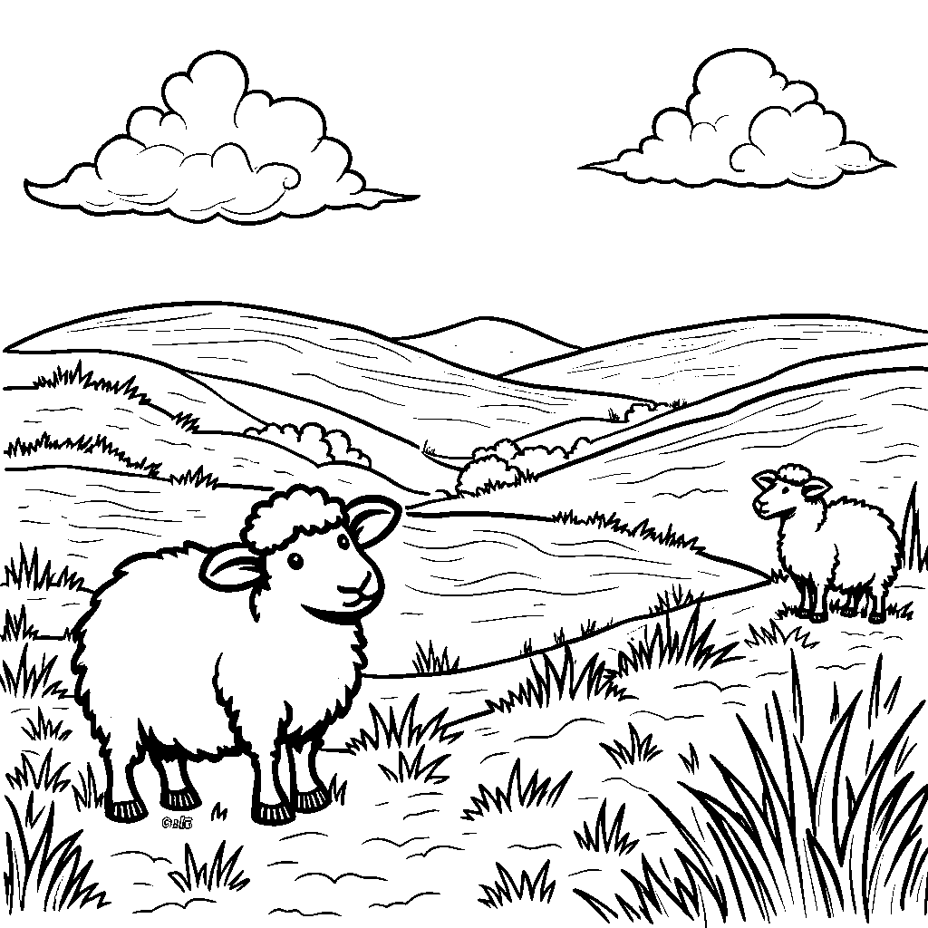 A peaceful landscape with rolling hills and fluffy sheep