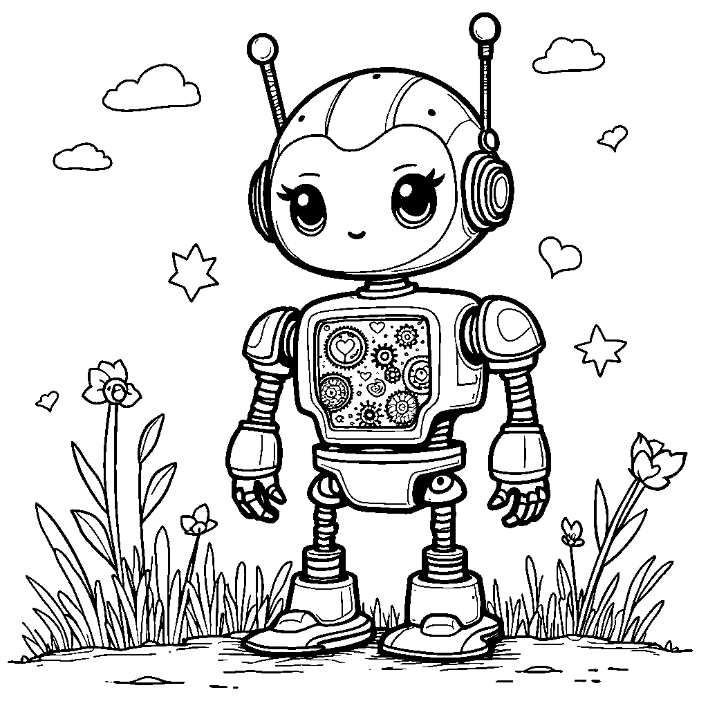 Adorable robot with hearts and gears