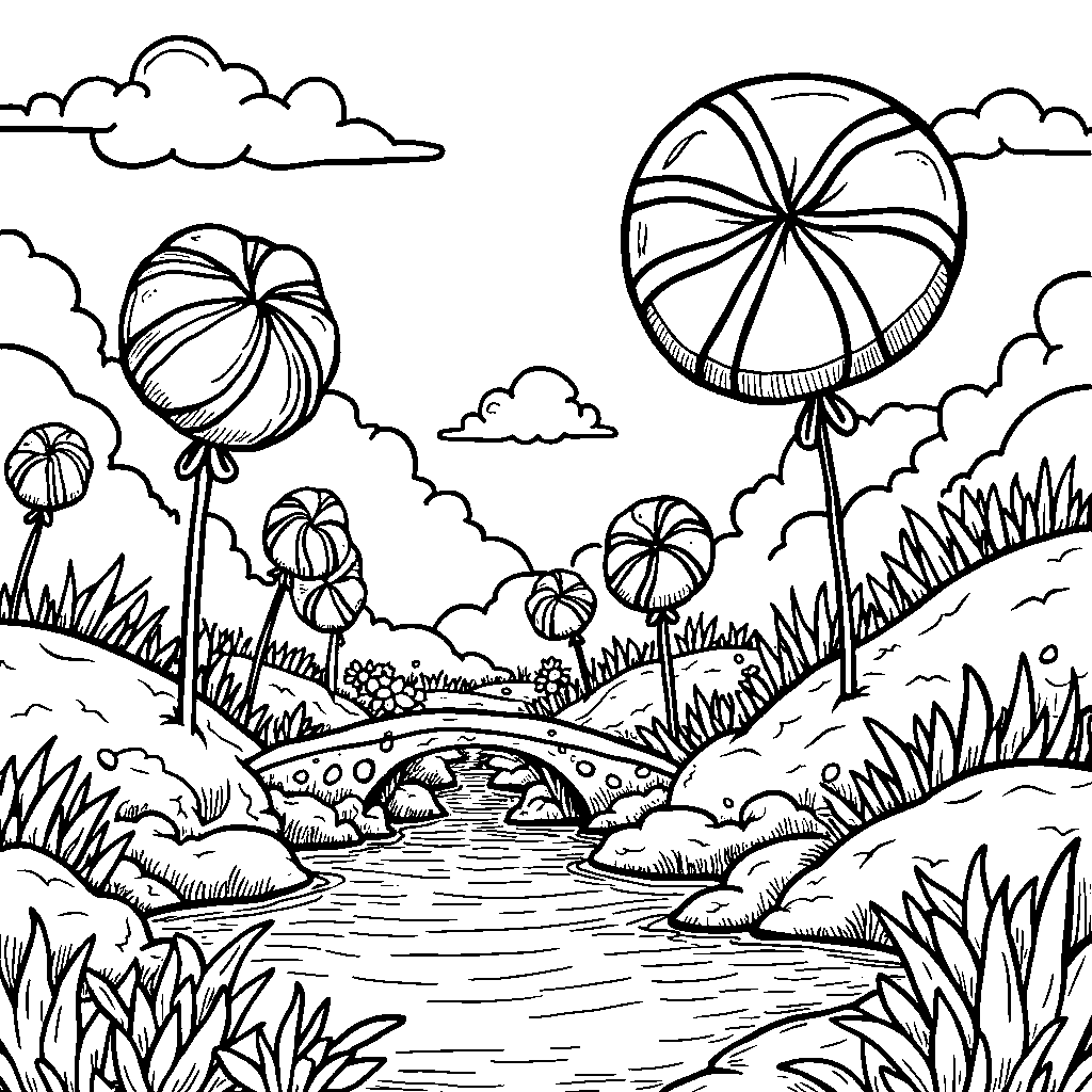 Candy-themed landscape with lollipops and gumdrops