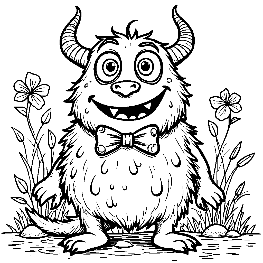 Cute monster with horns and a bow tie