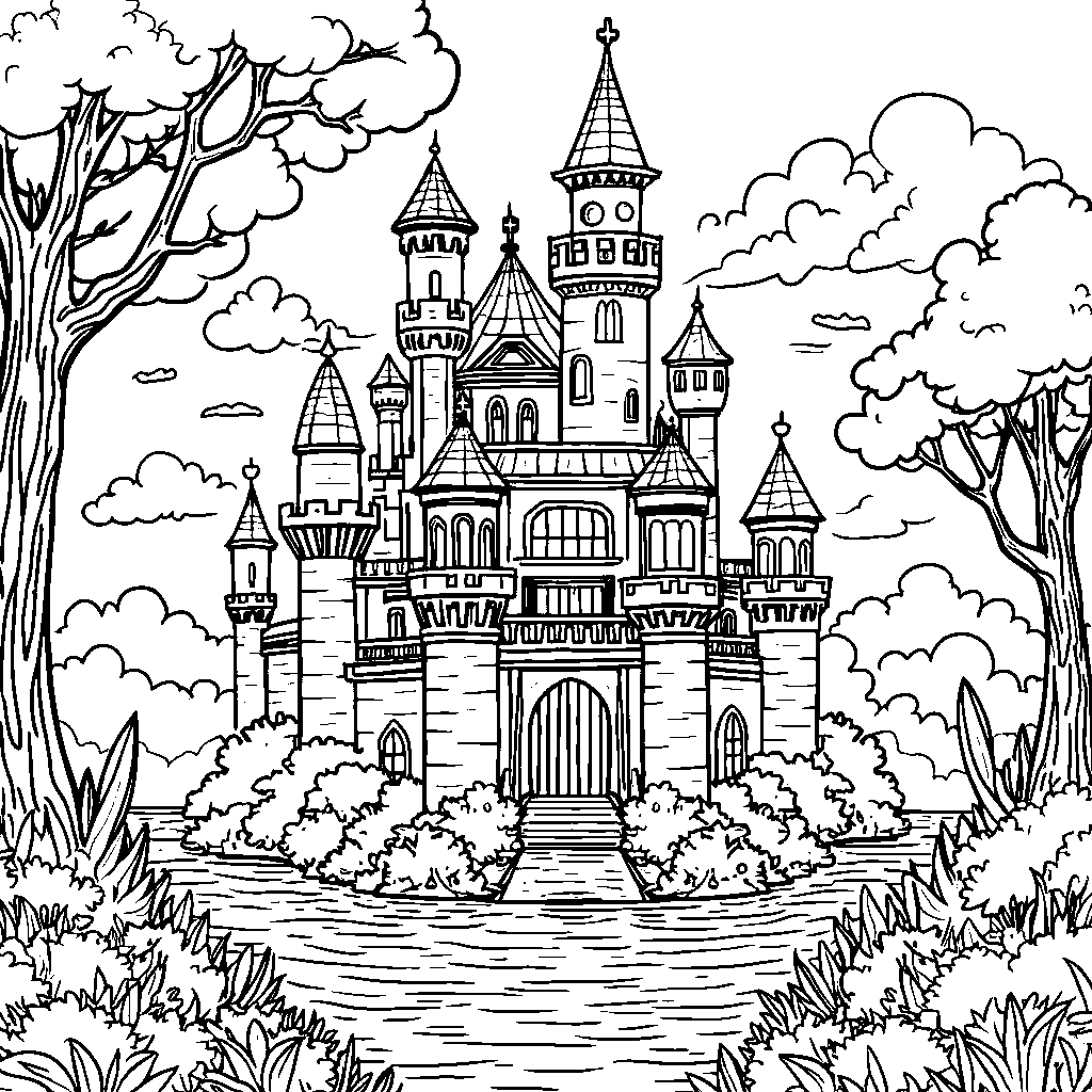 Fantasy castle with towers and a moat