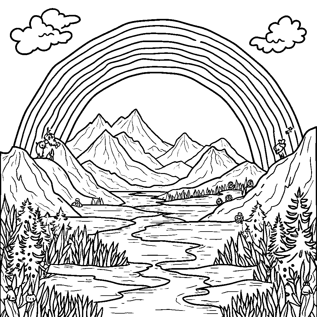 Fantasy landscape with mountains and a rainbow