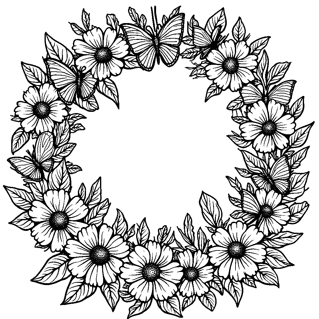 Floral wreath with butterflies and bees