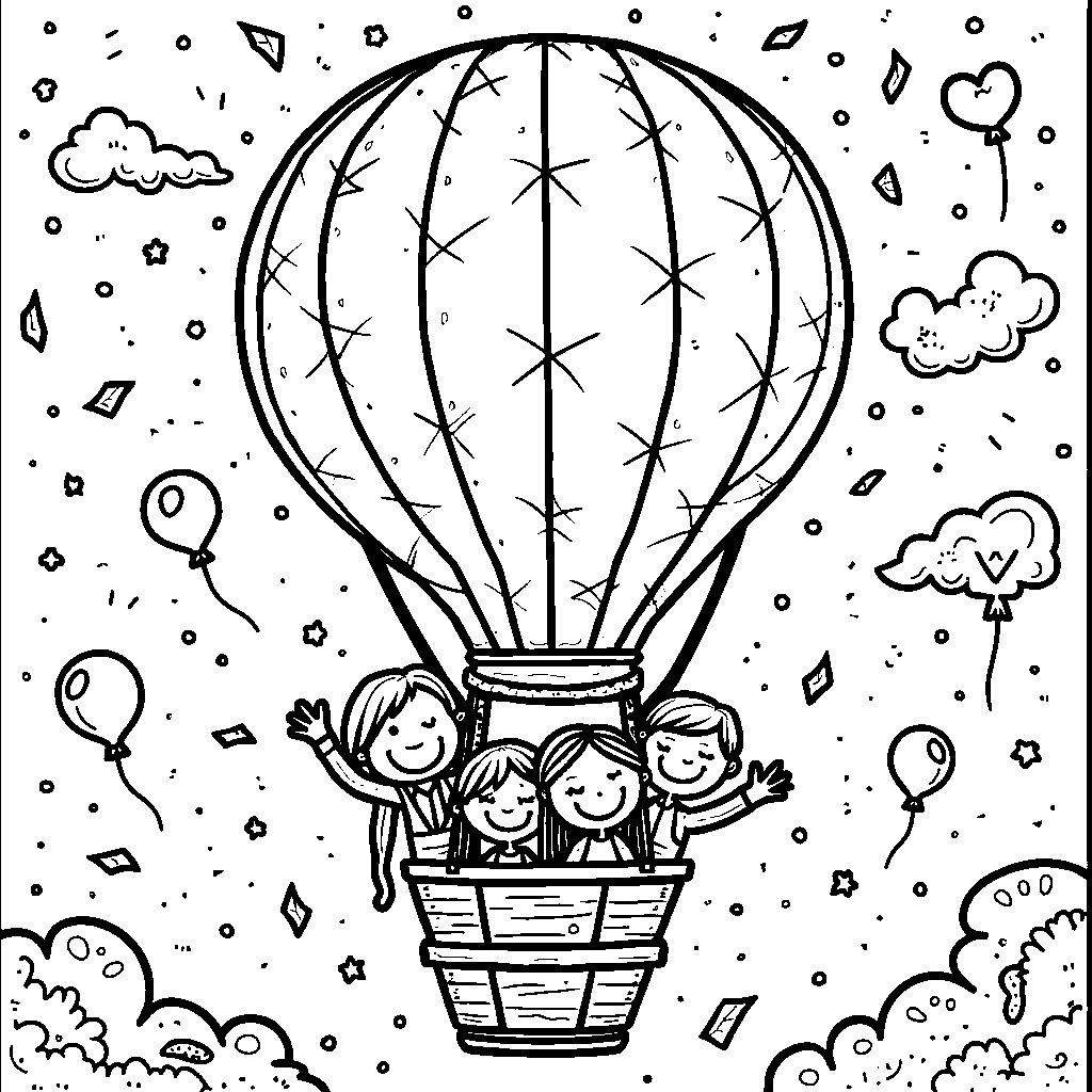 Hot air balloon ride with confetti and balloons