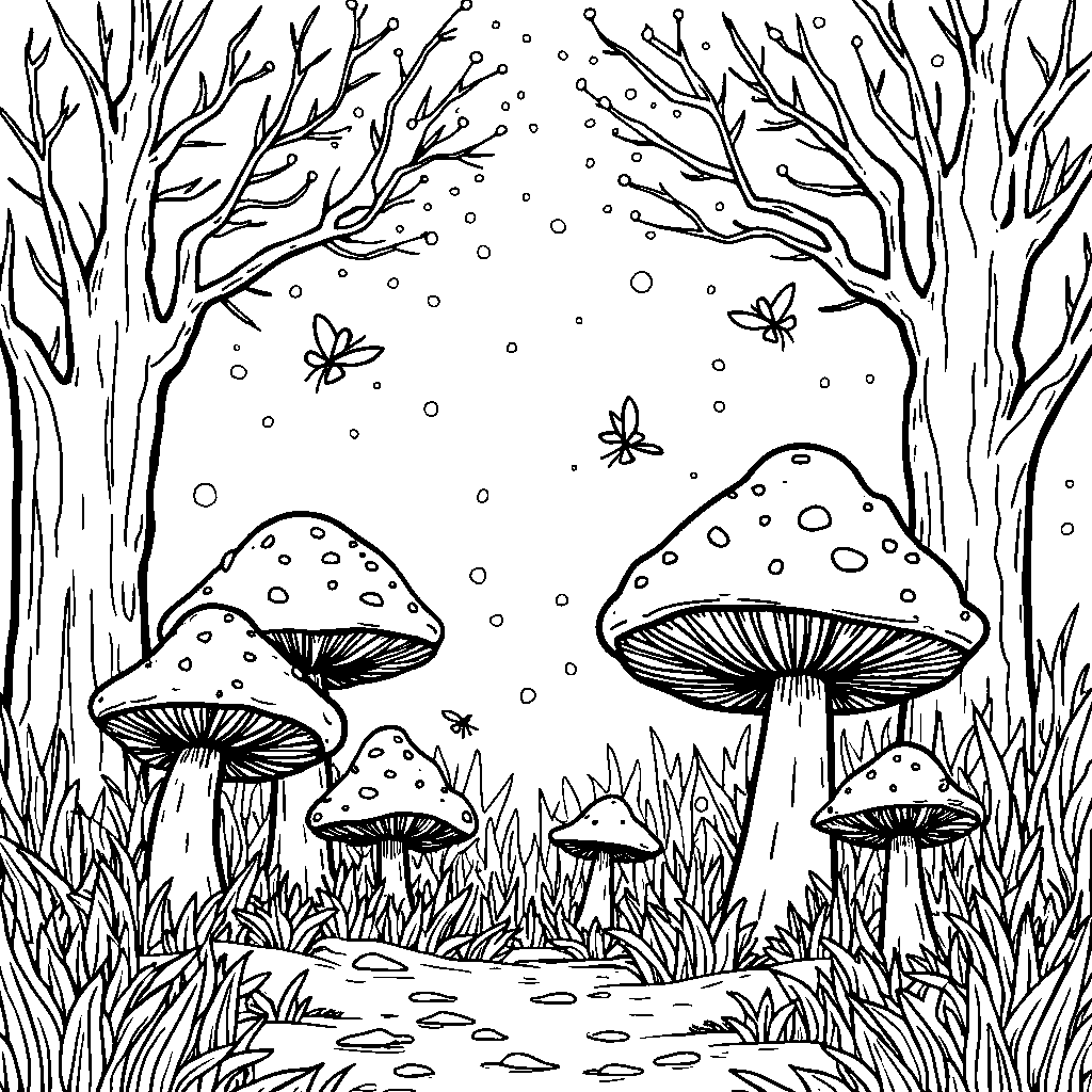 Magical forest with mushrooms and fireflies