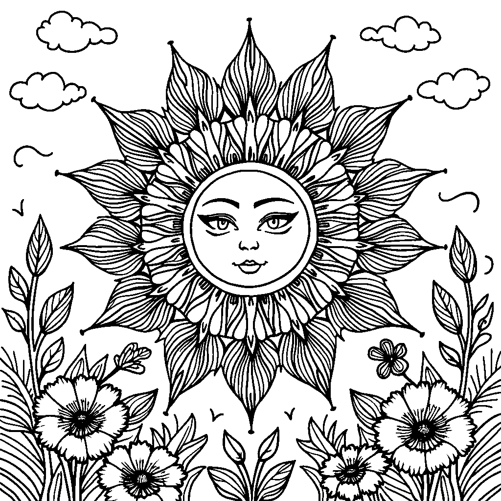 Mandala-inspired sun with rays and flowers