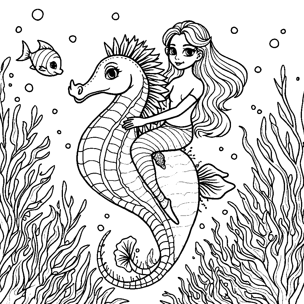 Mermaid riding a seahorse through coral