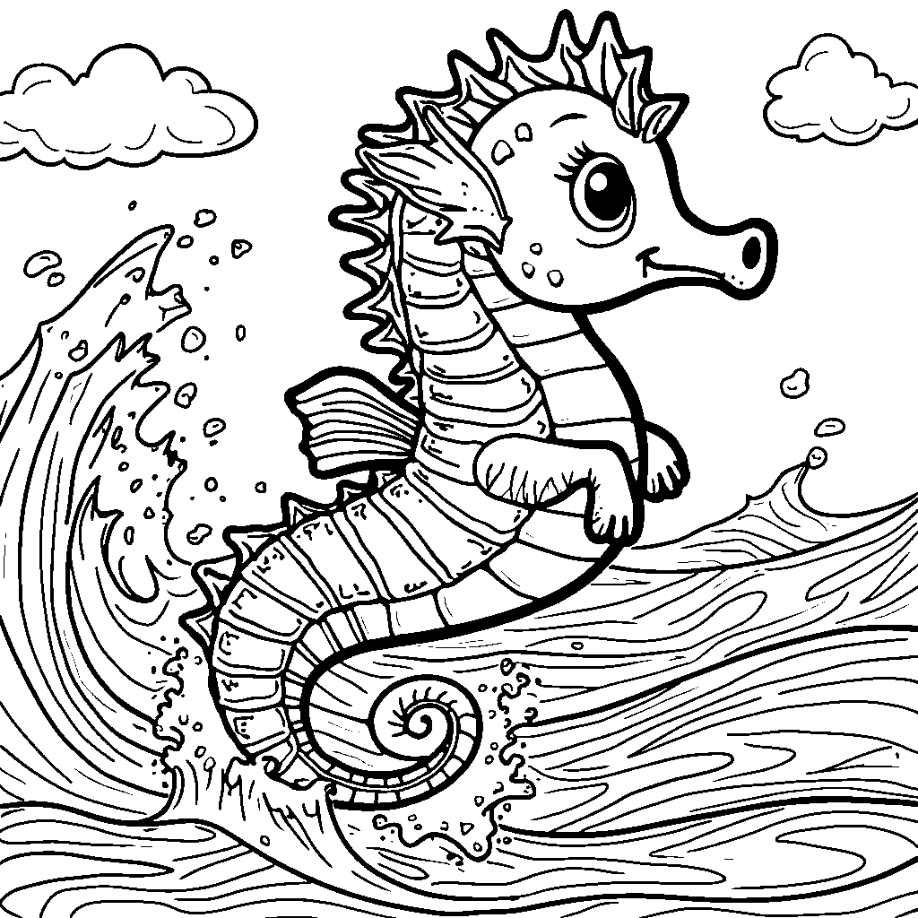 Seahorse riding a wave with sea spray