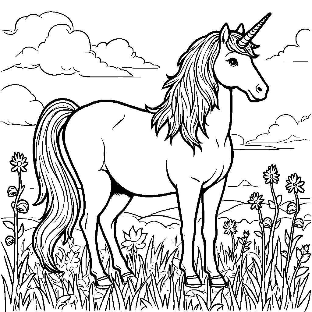 Unicorn surrounded by flowers and clouds