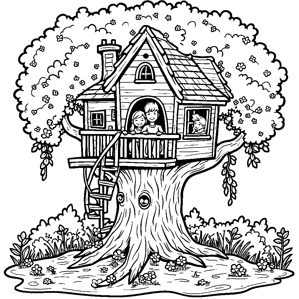 Whimsical treehouse with vines and flowers