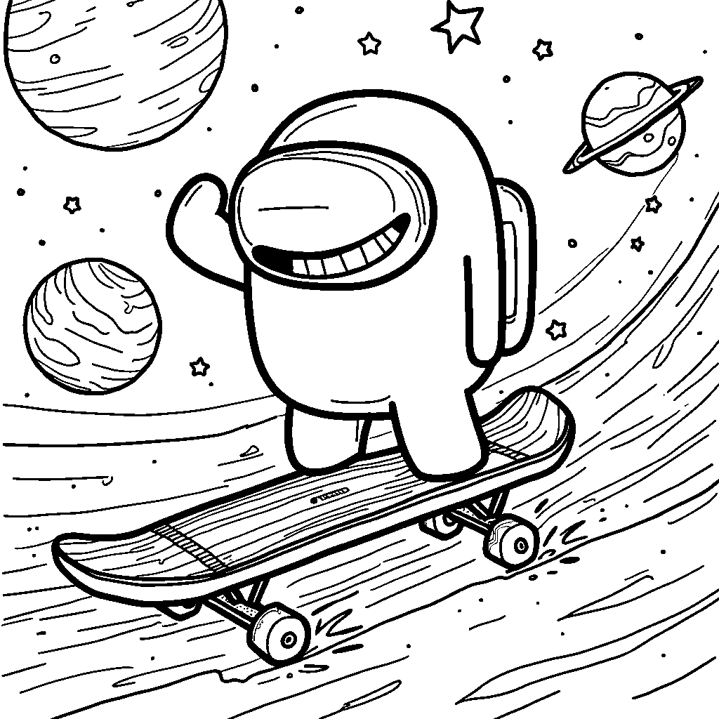 Among Us Character Riding a Space Skateboard