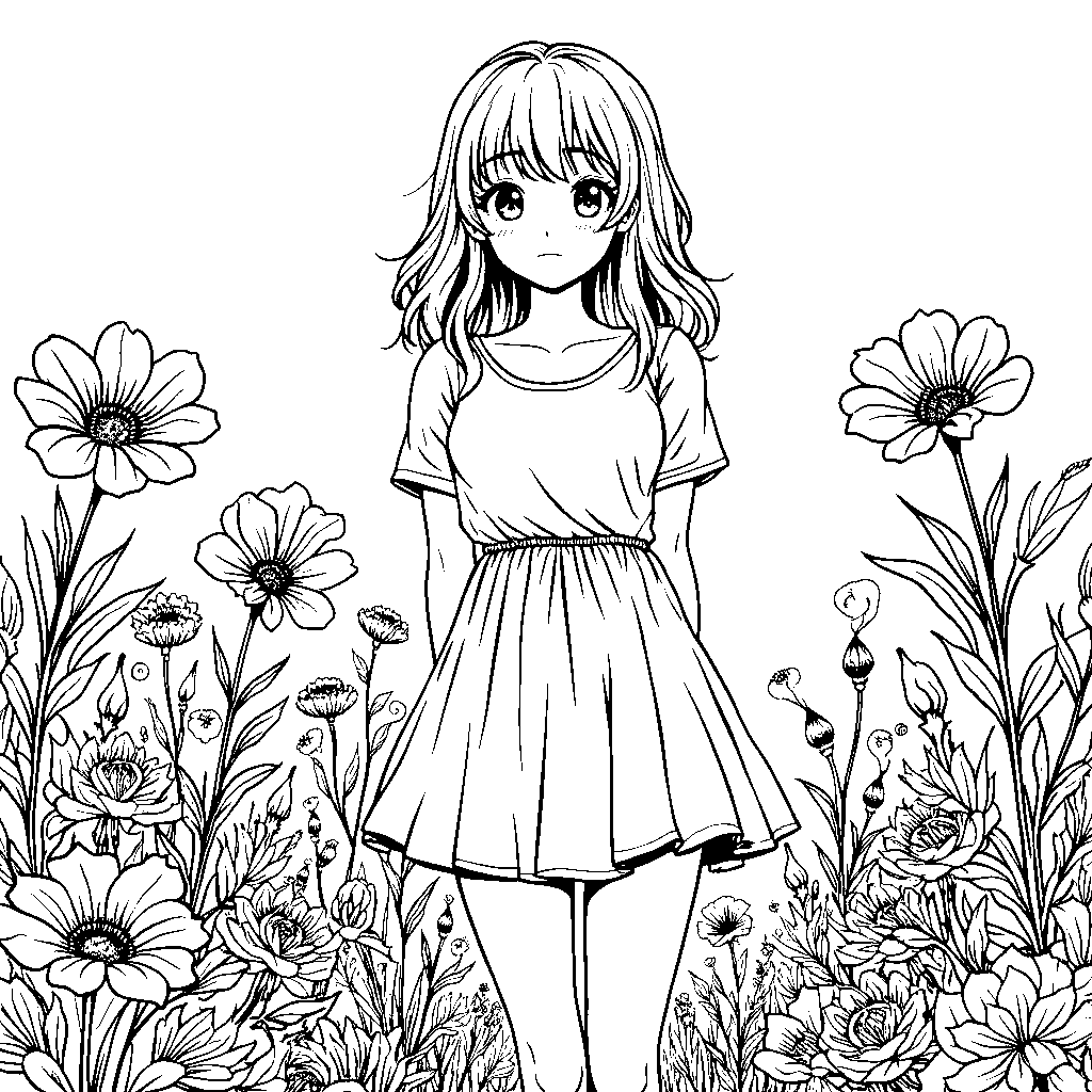 Anime girl in a beautiful garden, surrounded by blooming flowers