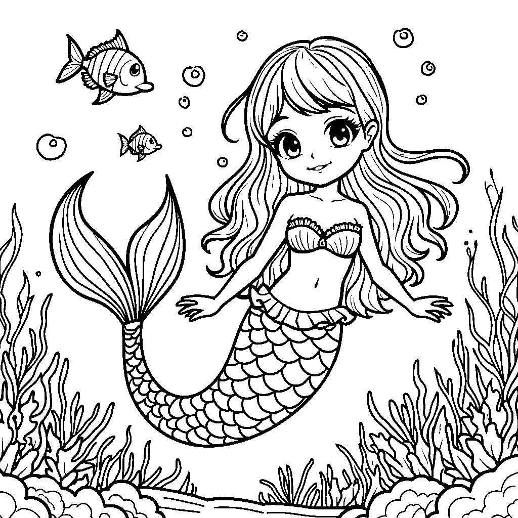 Anime girl in a beautiful mermaid tail, swimming underwater