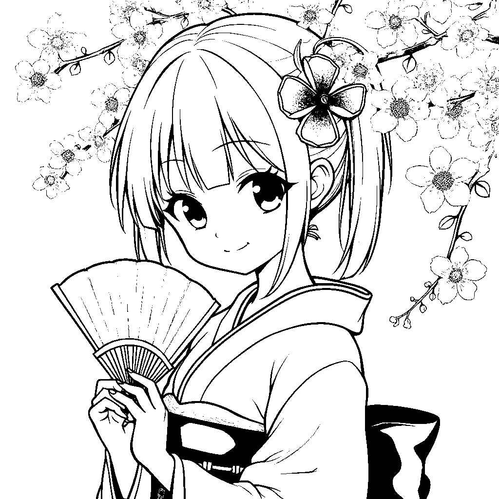 Anime girl in a traditional Japanese kimono, holding a fan