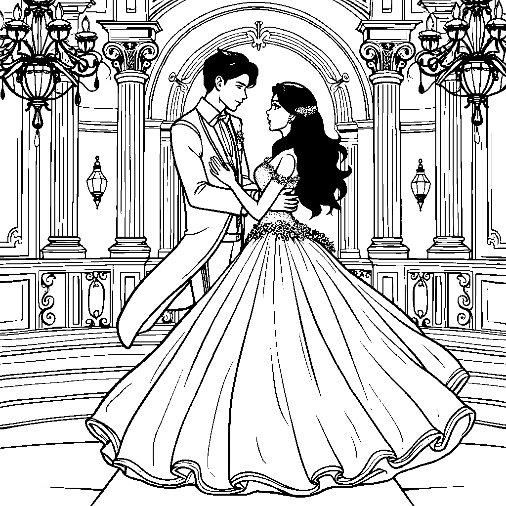 Anime girl in an elegant ball gown, dancing at a royal ball