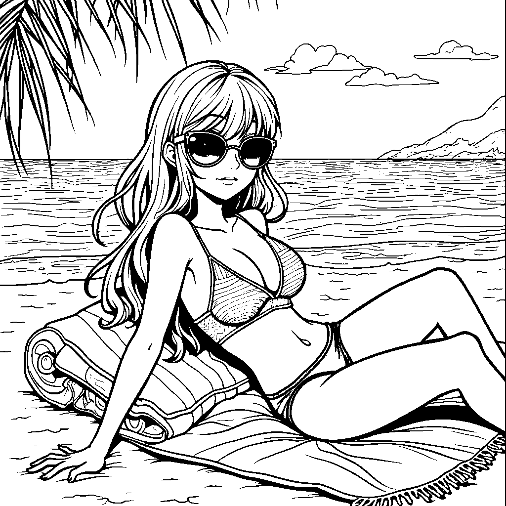 Anime girl in a cool pair of sunglasses, relaxing on the beach