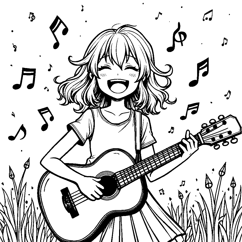 Anime girl playing a guitar and singing with joy