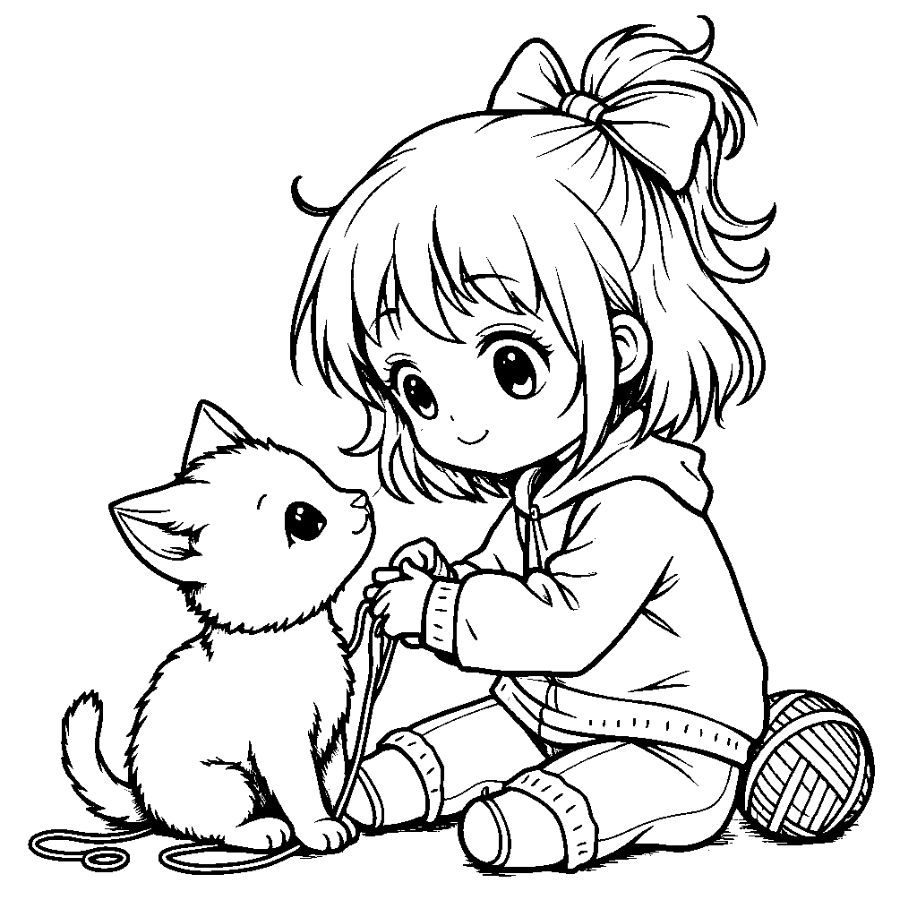 Anime girl playing with a kitten and a ball of yarn