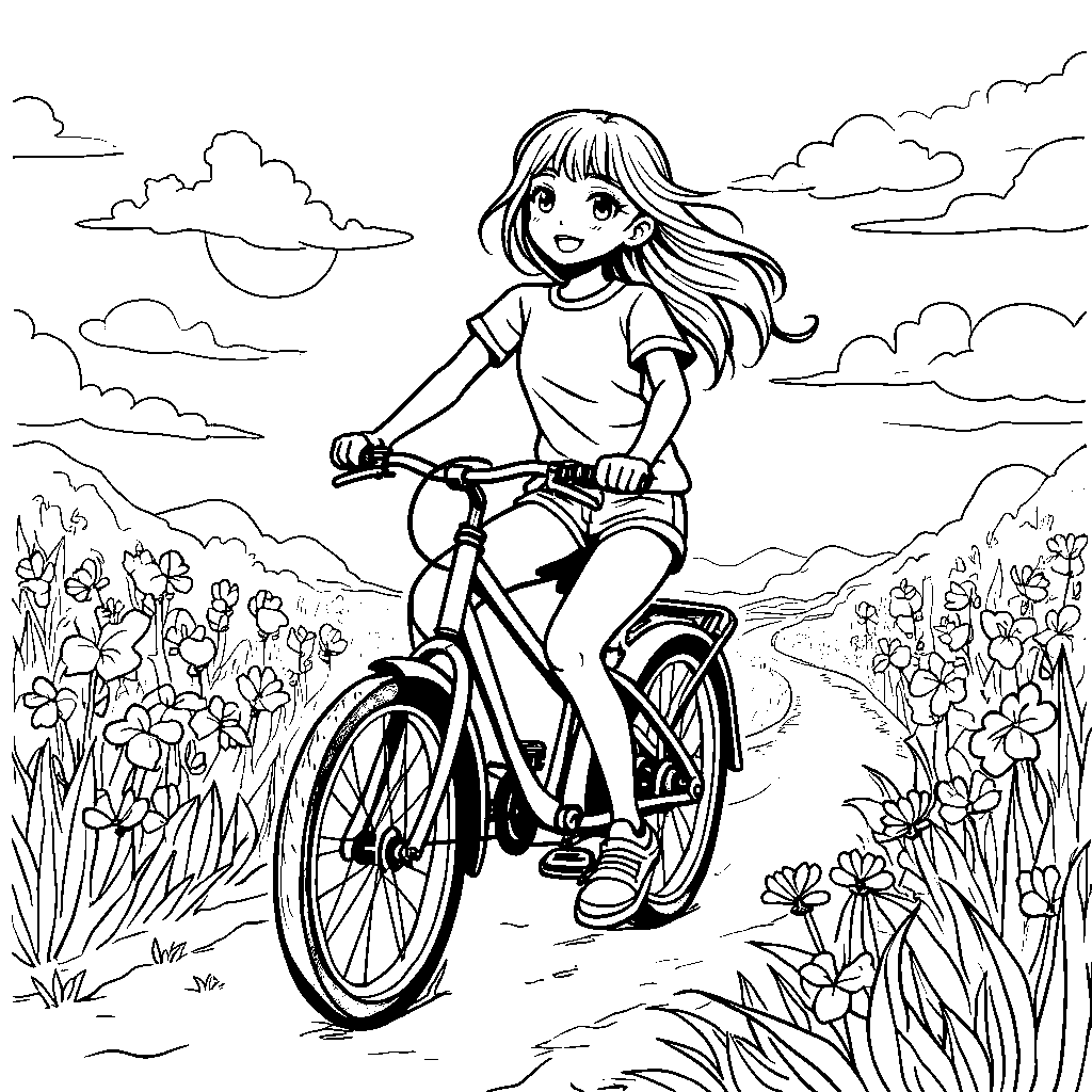 Anime girl riding a bicycle through a sunny meadow