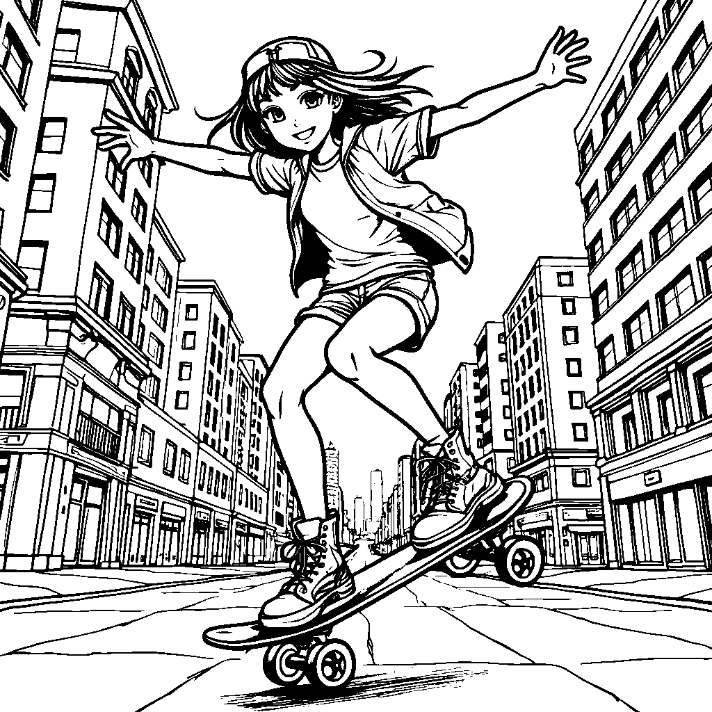 Anime girl riding a skateboard through a vibrant cityscape