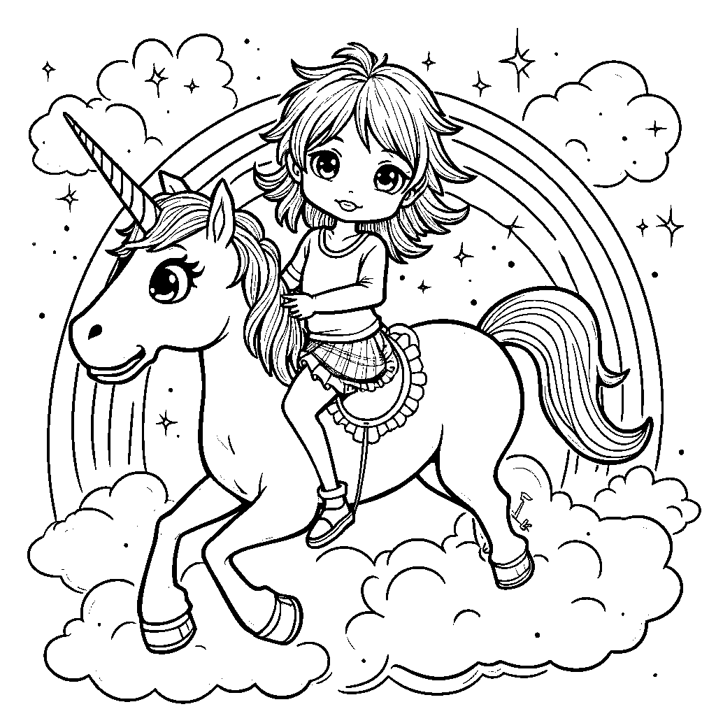 Anime girl riding a unicorn through a rainbow-colored sky