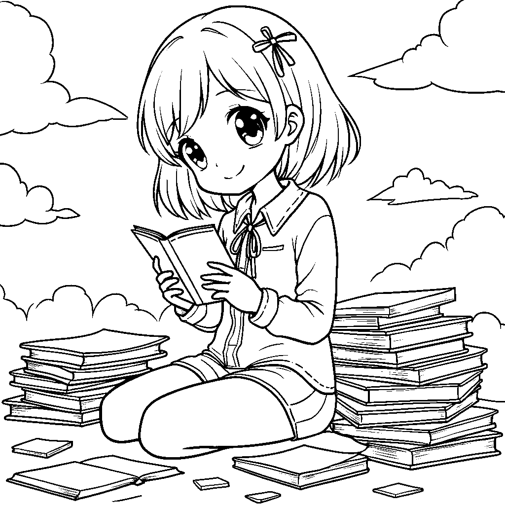 Anime girl sitting on a cloud, reading a book