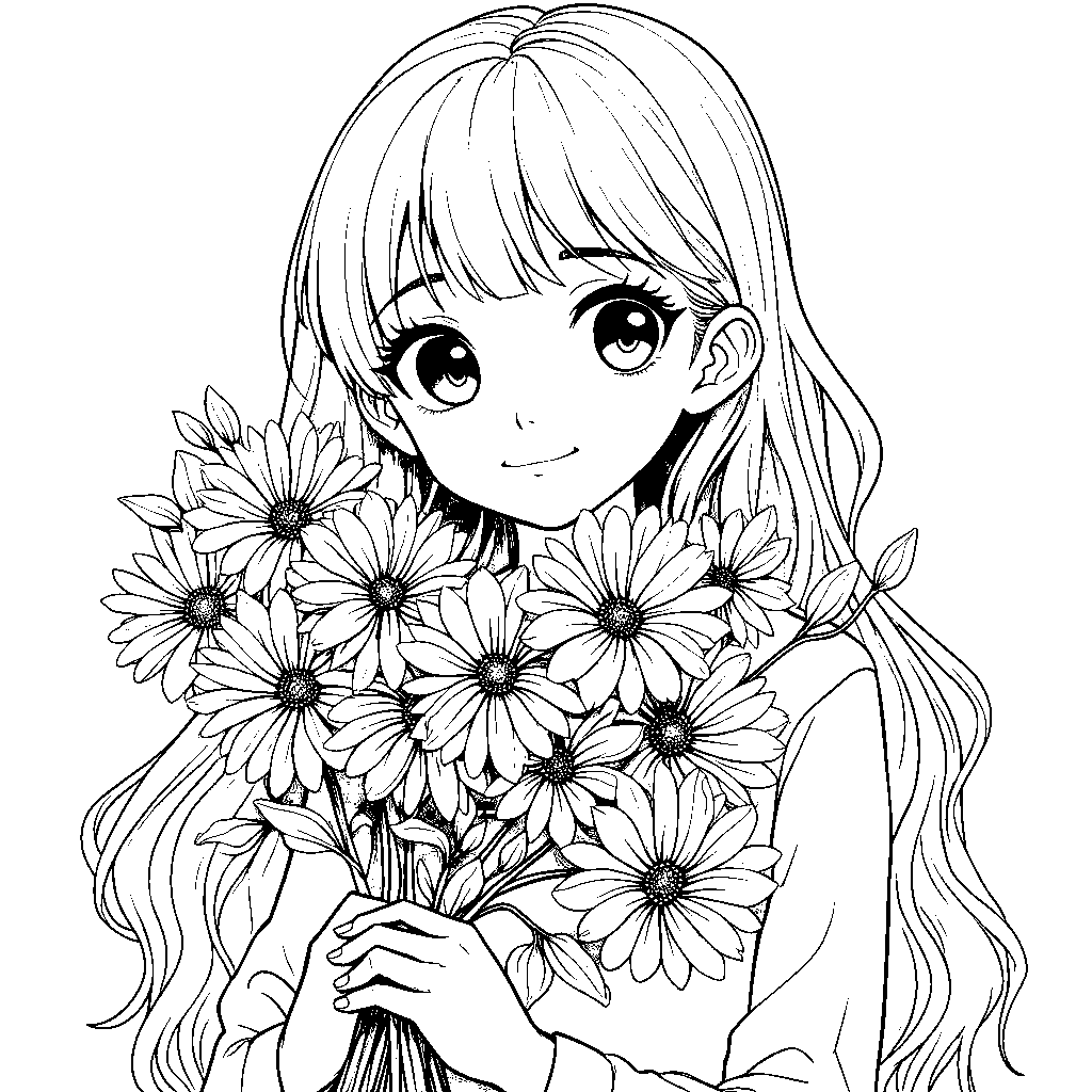 Anime girl with a bouquet of colorful flowers