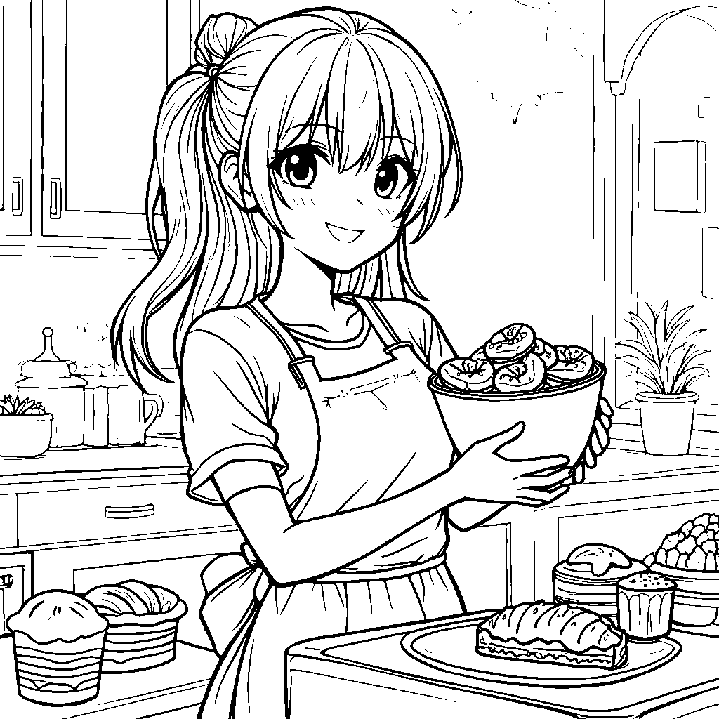 Anime girl with a cute apron and a mixing bowl, baking treats