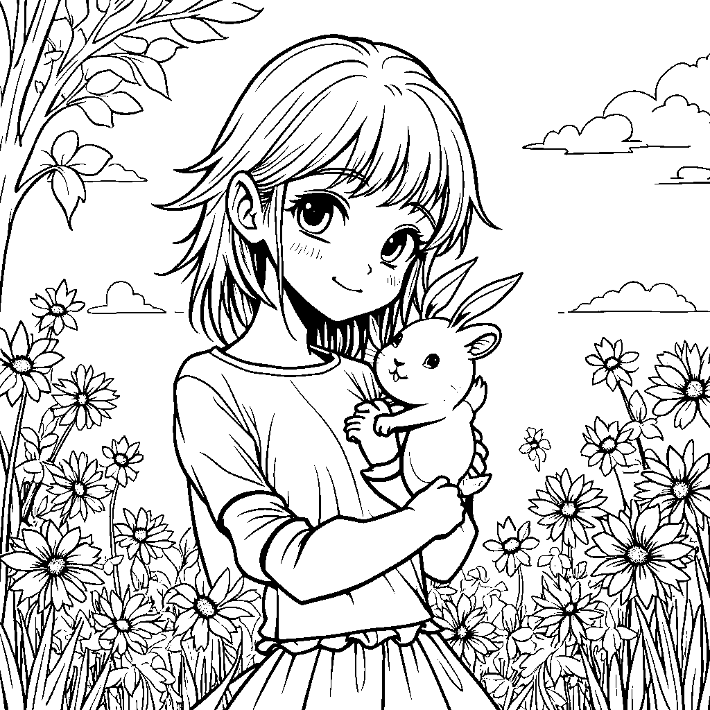 Anime girl with a cute animal friend, like a rabbit or a squirrel