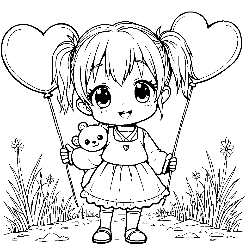 Cute anime girl holding a stuffed animal and a heart-shaped balloon