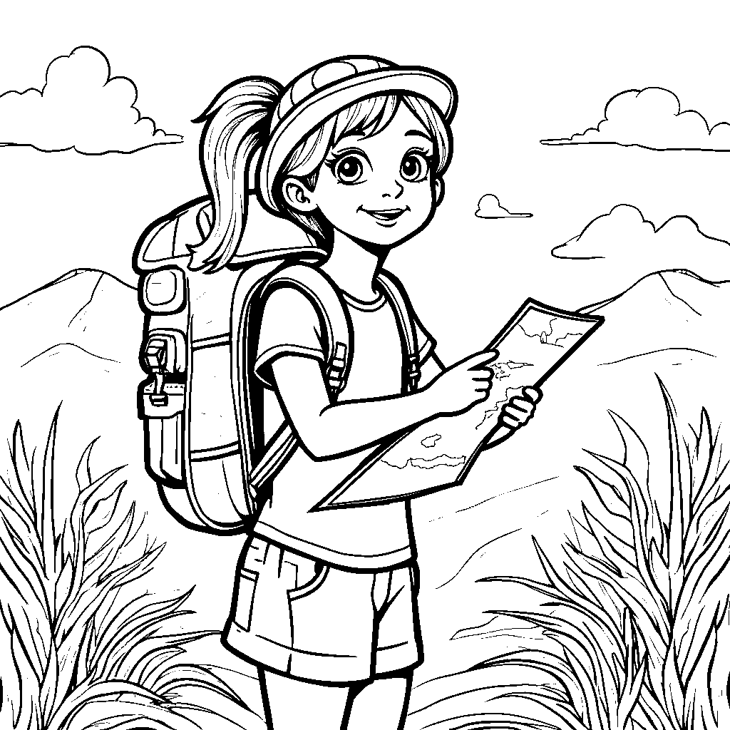 Girl with a big backpack and a map, ready for an adventure