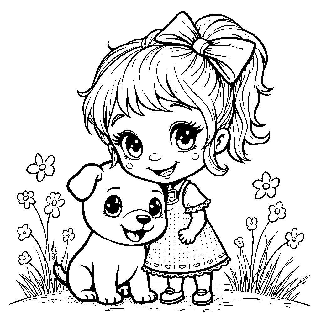 Girl with a big bow in her hair and a cute puppy by her side