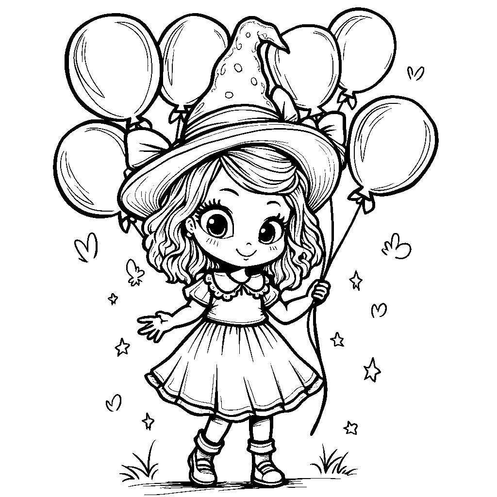 Girl with a big hat and a bouquet of colorful balloons