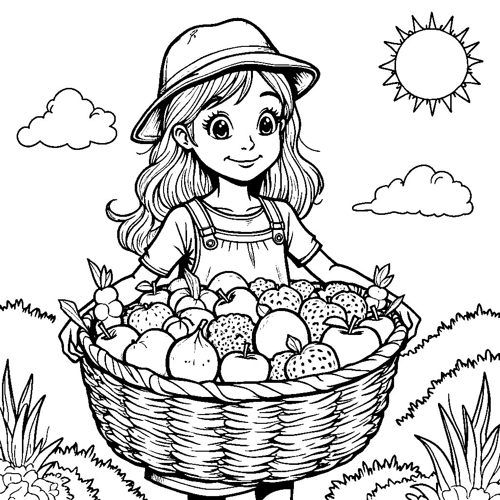 Girl with a big smile and a basket full of colorful fruit